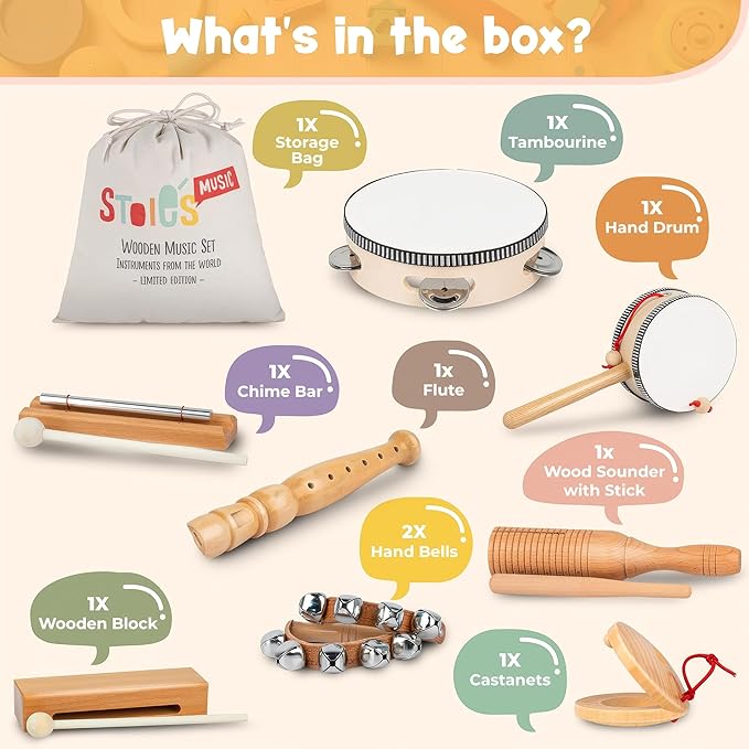 Stoie’s Wooden Musical Instruments for Toddlers Ages 3+, Montessori Music Toy Set for Kids with Drum, Tambourine, Maracas, Bells & Flute, Educational Preschool Toys for Boys & Girls