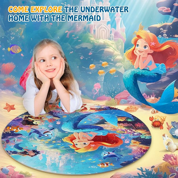 DIGOBAY Floor Puzzles for Kids Ages 3-5, 70 Pieces Mermaid Jigsaw Puzzle for Toddler Girls Ages 3 4 5 6 7 8 Year Old, Large Round Underwater Princess Puzzle Educational Learning Toys Birthday Gift