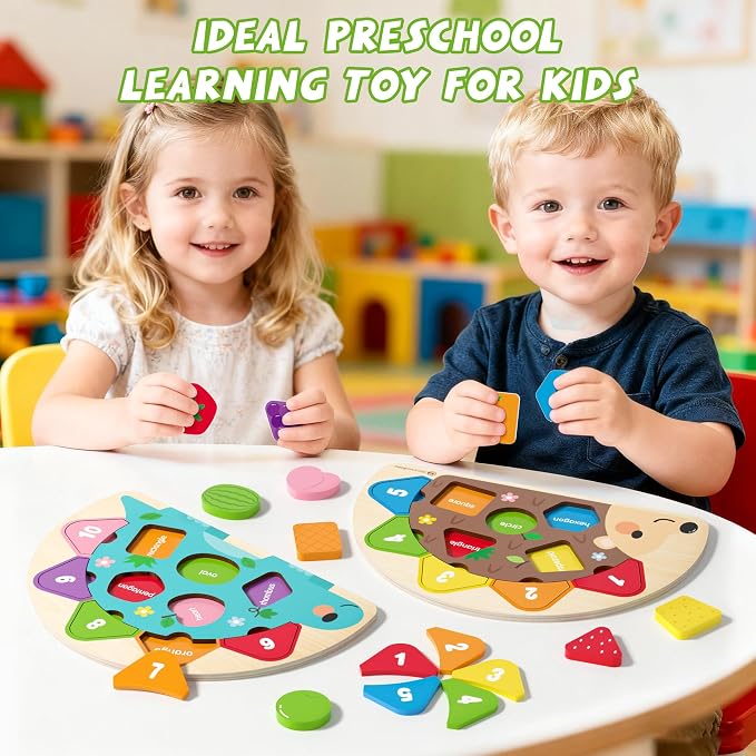 Montessori Toys for 1 2 3 Year Old, Wooden Puzzles Dinosaur Hedgehog Toy for Toddlers, Shape Sorter & Color Match Toddler Puzzles, Baby Puzzle Learning Toys Christmas Birthday Gifts for Girls Boys