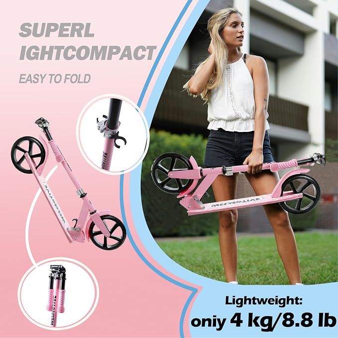 Kick Scooter for Kids Ages 6+, Teens & Adults, Adjustable Handlebars, Rear Brake, Big Wheel Foldable Scooter for Indoor & Outdoor