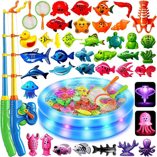 CozyBomB™ Magnetic Fishing Toys Game Set for Kids | Water Table Bathtub Kiddie Pool Party Pole Rod Net, Outdoor Plastic Floating Fish, Toddler Bath Color Ocean Sea Animals Birthday Gift Age 3-5 6 4-8