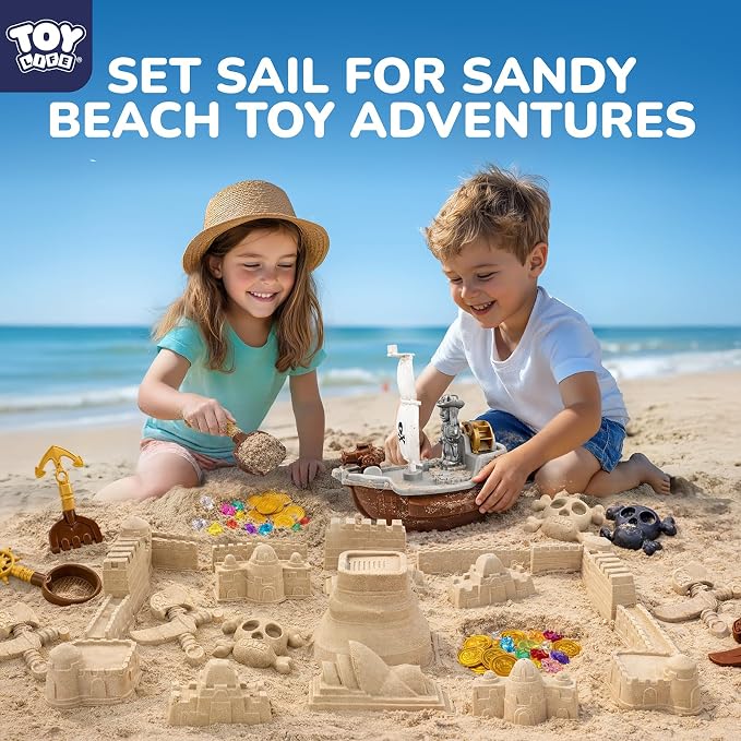 TOY Life 39PCS Pirate Beach Toys for Kids Ages 4-8, Pirate Ship Sand Toys Set with Treasure Coins & Gems, Sandbox Role Play Toys for Kids, Outdoor Beach & Travel Summer Adventure Toys