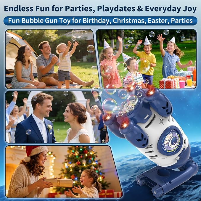 Bubble Gun for Kids, Automatic Rocket Bubble Machine, Handheld & Bicycle Use, Rechargeable Bubble Blower with Solution & LED Light, Summer Outdoor Toy, Gift for Boys Girls Age 3 4 5 6 7 8-12(White)