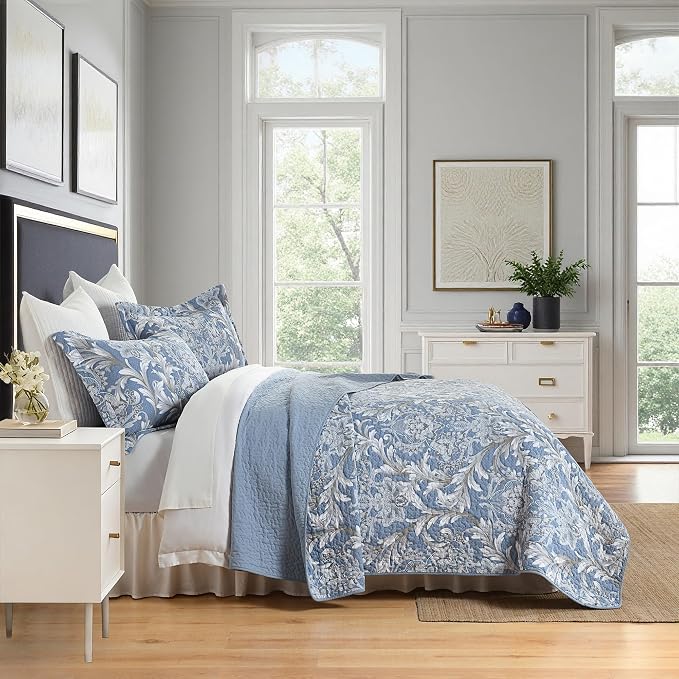 Queen Size Quilt Set - Dusty Blue and Gray Quilt Set Queen, 100% Cotton Floral Bedspread Set 3 Piece, Classic Damask Bedspread, Reversible Lightweight Quilt Bedding Set