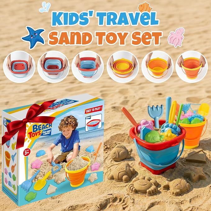 Beach Sand Toys Set for Toddlers, Portable Travel Beach Toys with 2 Collapsible Buckets, 2 Shovels, 2 Rakes, 6 Molds & Mesh Storage Bag for Kids, Summer Gift