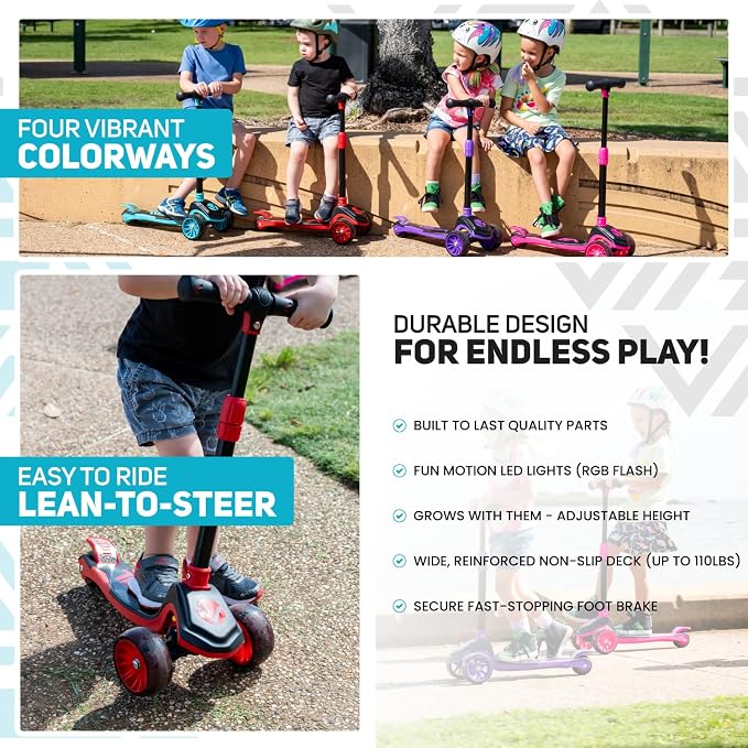 Vital Tyke 3 Wheel Toddler Scooter | LED Wheels, Foldable, Tool-Free Adjustable Handlebar & Removable Seat Scooters for Kids 3-5 and kick Scooters for Kids 5-7 up to 110lbs