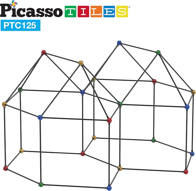 PicassoTiles Kids Fort Building Kit Playset 125 Piece Indoor and Outdoor Toy Set Fort Construction Builders Blocks Toys for Kids Boys Girls STEM Learning Castle System Tunnel Tent Rocket Pretend Play