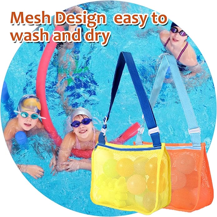UTTPLL Colorful Mesh Beach Bag Adjustable Kids Quick Dry Net Tote for Seashell Collecting Sand Toy Swimming Accessories