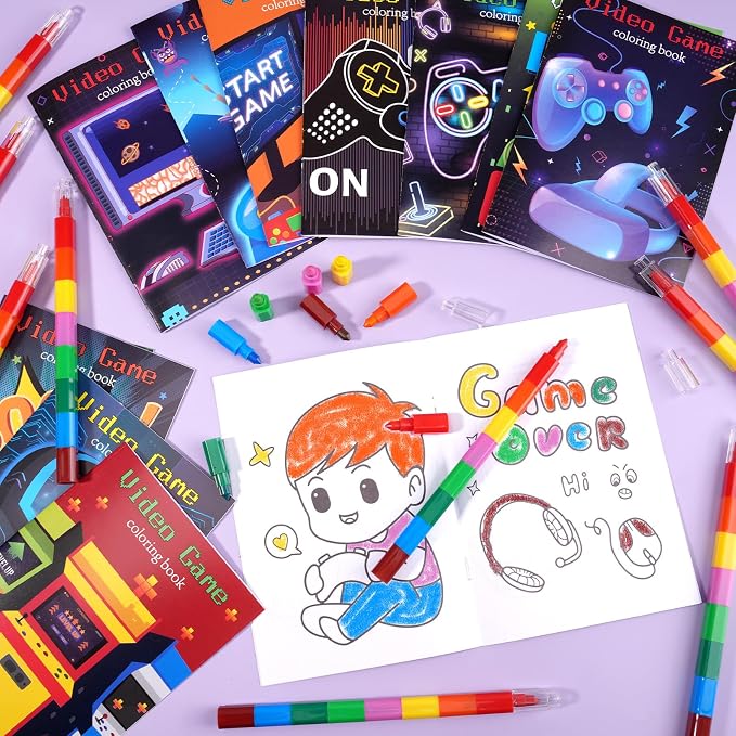BenLouis 24 Pcs Video Game Mini Coloring Books Kids Gaming Party Favors Small Activity Books Bulk for Kids Boys Neon Game Level Up Goodie Bags Stuffers Return Gifts Classroom Travel