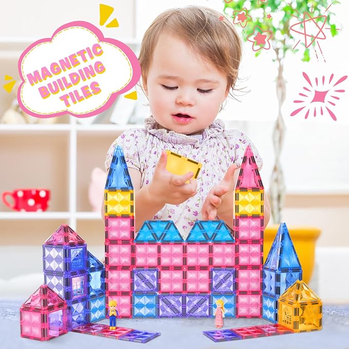 BENOKER Pink Castle Magnetic Tiles for Kids Ages 3-8, 3D STEM Toys with Sparkling Building Blocks, Creative Educational Gift for Boys and Girls, Preschool Learning Toys for Birthday
