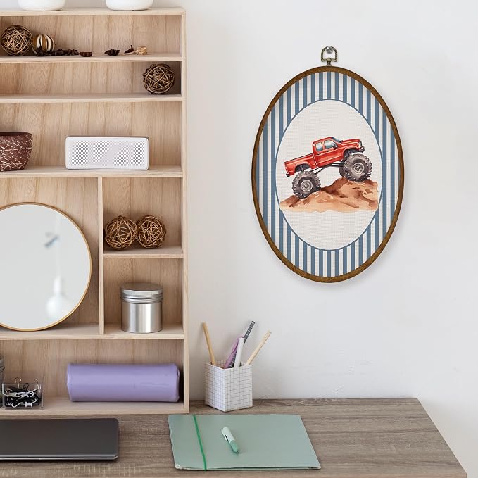 WULQYING Red Truck Boy Nursery Wall Art Decor, Kids Playroom Oval Framed Canvas Art Prints, Blue Striped Truck Wall Hanging Decor for Kids Boys Toddler Room Bedroom Playroom, 8.6x11.4 Inches