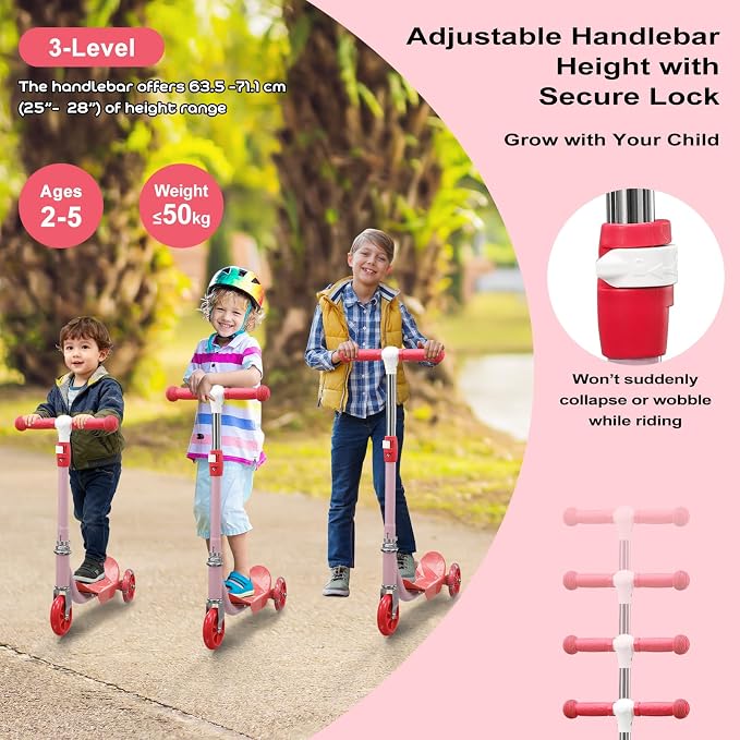 Kids Scooter: LED Lighted 3 Wheel Scooters for Kids 3-5, 3 Adjustable Height Handlebar, Anti-Slip Deck,Heavy Duty Metal Scooters for Boys Girls Ages 3-5 5-7, up to 110 Lbs,Toddler Kick Scooter
