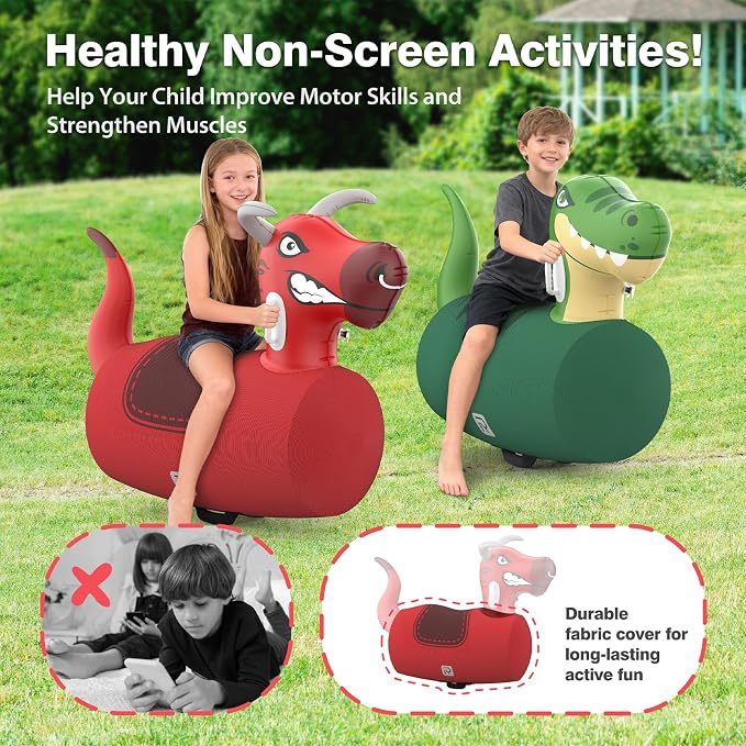POVYRE Hoppers Kids Boys Outdoor Toys, 2 PCS Giant Inflatable Dinosaur Bull Toys Bouncy Hopper with Pump, Ride-on Jumping Animal for Indoor Outdoor Play, 220 lbs Capacity, Gift for Ages 5+