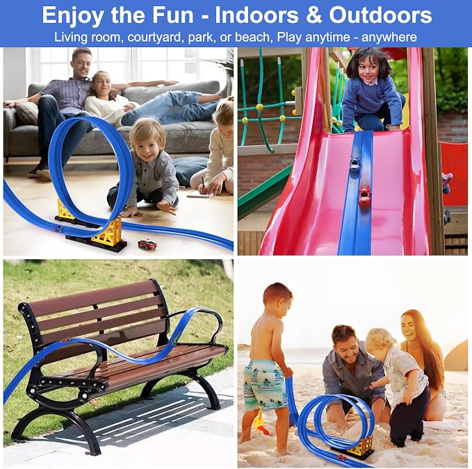 15 FT Flexible Toy Car Track with Suction Cups: DIY Roll-Up Racetrack Ramp for Window & Wall Surfaces, Compatible with 1/64 DieCast Vehicles, Screen for Boys Girls Ages 3-8