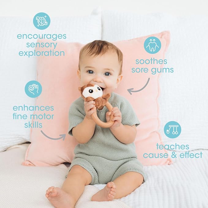 Pearhead Owl Wooden Baby Teether – Soft Plush Lovey with Natural Wood Rattle Ring, BPA-Free, Soothes Infant Gums, Multi-Sensory Newborn Essential for Boys and Girls, 0+ Months