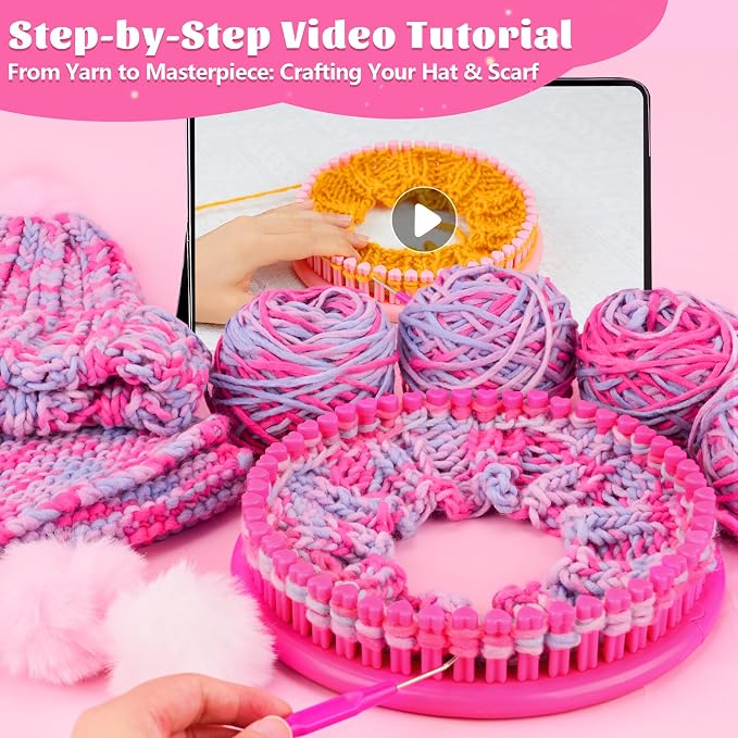 PREBOX Knitting Loom Craft Kit for Kids & Beginners - Create Hat & Scraf with Yarn, Hook Needle, Birthday Gifts Ideas for Teens Girls Age 6-8 8-12 14+, Rose Loom