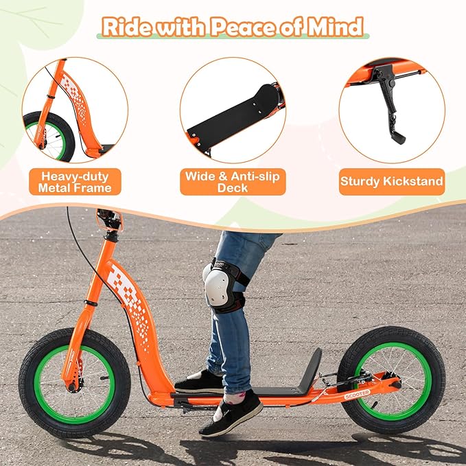 GYMAX Scooter, Kick Scooter for Adults, Teens, Kids with Adjustable Handlebar, 12” Inflatable Wheels, Front Caliper Brake & Non-Slip Deck, Heavy Duty Off-Road Scooter