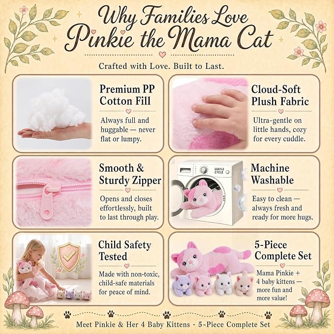 gnomantic Cat Stuffed Animals with Babies Inside, Mommy Toy for Kids | 5-Piece set: 1 mommy cat + 4 baby kittens inside. Unzip belly to reveal surprise babies. Ultra-soft, ages 3-8.