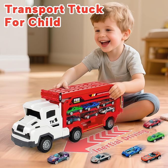 Bstoyder Kids Toys for 3 4 5 6 7 8 Years Old Boys, Carrier Truck Transport Car Toys, Foldable 2 Layer Car Race Track Playset with 25-in Race Track, 6 Metal Toy Cars, Birthday Toy Gift for Toddler-Red