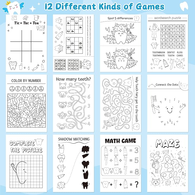 Tooth Activity Books for Kids - 48Pcs Cute Tooth Fairy Mini Games Coloring Book Set Bulk Cartoon Novelty Teeth Themed Mazes Word Search Word Scramble Games for Classroom DIY Art Gifts Party Favors
