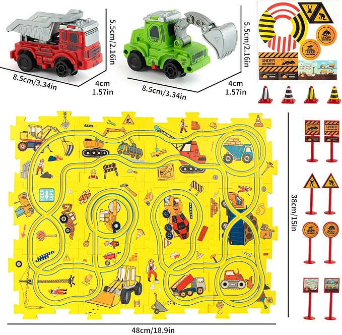 Plastic Puzzles for Kids Ages 3-5 with Toy Cars (Excavator + Dump Truck), Gift Toys for 3 4 5 6 Year Old Boys Girls, Toddler Puzzle Track Car Play Set, Critical Thinking Educational Toys
