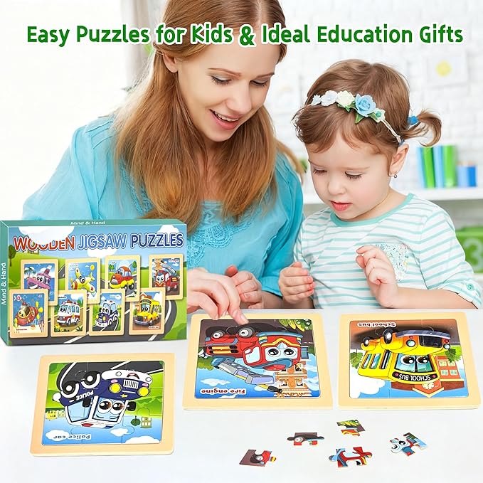 Wooden Vehicle Puzzles for Toddlers, 8 Pack 9 PCS Jigsaw Puzzles for Kids, Wooden Puzzles for Toddlers 3-5, Vehicle Puzzles for Kids 3-5, Preschool Puzzles Learning Educational Sets Toys
