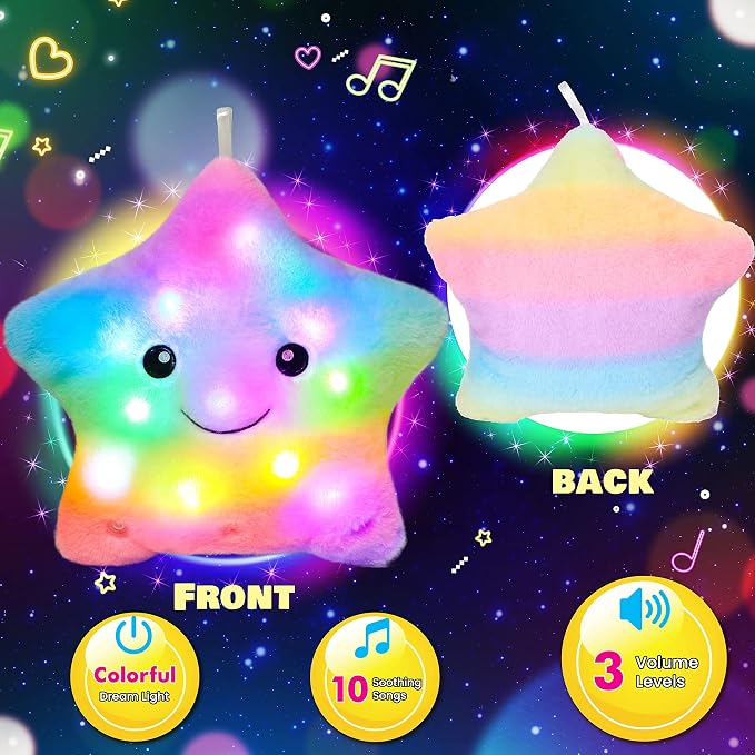 13" Musical Rainbow Star Plush Pillow Glowing Twinkle Night Light Stuffed Animal LED Toys Adjustable Volume Birthday for Girls Boys