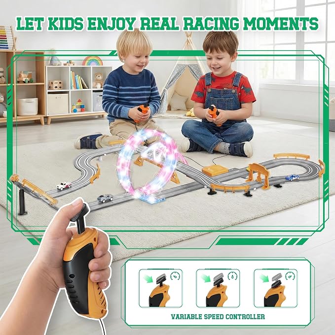 18.04ft 2-in-1 Slot Car Track Sets Toy - with 4 Cars, Battery or Electric Car Track Set with Dual Racing Game, Flash Circular Track, Lap Counter,Birthday Xmas Gifts Toys for Boys(S2-Charcoal)