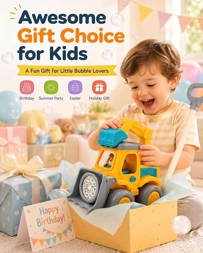 Excavator Automatic Bubble Machine for Toddler Kid Toy 3 4 5 6 7 8 Year Old Little Boy Girl Gift Lawn Mower Maker Blower Summer Outdoor Push Toys Easter Christmas Birthday Present