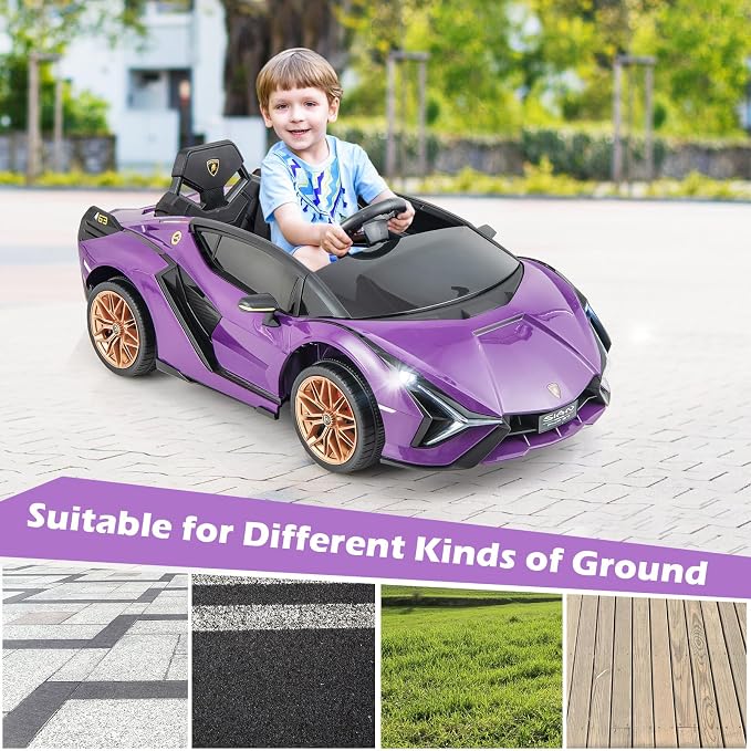 INFANS 12V Licensed Lamborghini Sian Kids Ride On Car with Parent Remote Control, Spring Suspension, MP3 Player, Electric Toy Roadster Carbon Fiber Textured for Toddler (Purple)