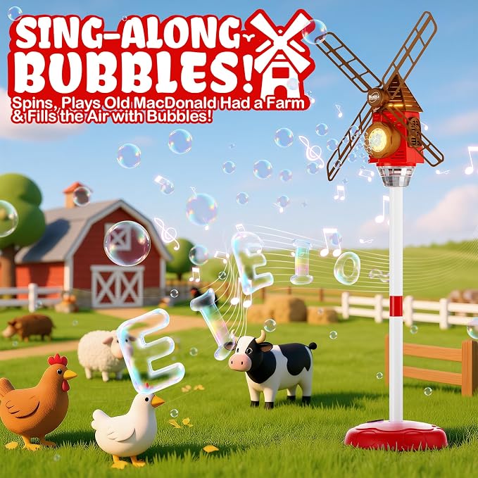 Windmill Bubble Machine for Kids, 51" Adjustable Height Bubble Maker with Light & Music, 130ml Tank, 10-Hole Battery Operated Bubble Blower for Toddlers, Backyard Outdoor Party Toys