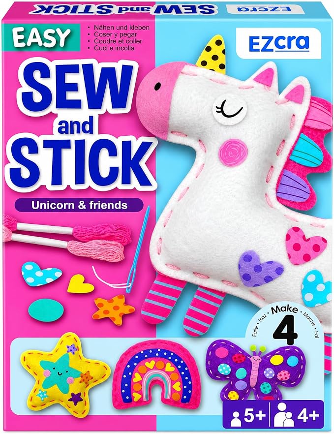 EZCRA Unicorn Sewing Kit for Kids Ages 4-8 - 4 Beginner Kids Sewing Crafts Projects - No-Mess Arts & Crafts for Girls - Gift for Kids with Felt Stickers