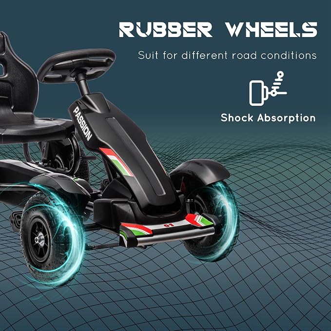 Aosom Kids Pedal Go Kart, Outdoor Ride on Toys with Adjustable Seat, Sharp Handling, Handbrake, 4 Non-Slip Rubber Wheels for Boys & Girls Aged 5-12 Years Old, Black