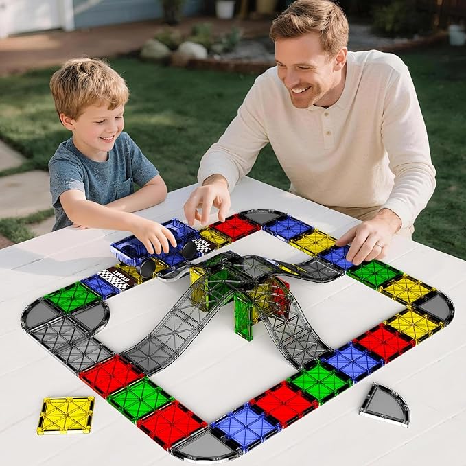 Magnetic Downhill Racer Set 40-Piece with Car & Tracks, STEM Magnetic Tiles Building Toys for Kids Ages 3-8, Montessori Learning Toys with Reinforced Slopes & Loop Pieces