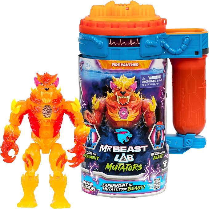 MrBeast Lab Hyper Fusion Mutators, Experiment & Create The Fire Panther, Add Mutation Fluid, Press The Fingerprint Scanner & Reveal The Panther, Over 20 Points of Articulation, Collect All 3