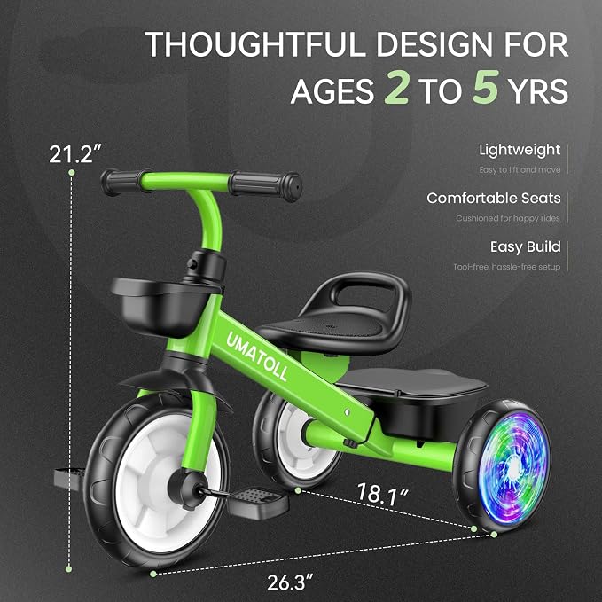 Umatoll Tricycle for Toddlers 2-5 Year Old, Ajustable Toddler Bike Outdoor Toys, Birthday Gift for Boy Girl Age 2-4, Trike with Light up Wheels (Green)