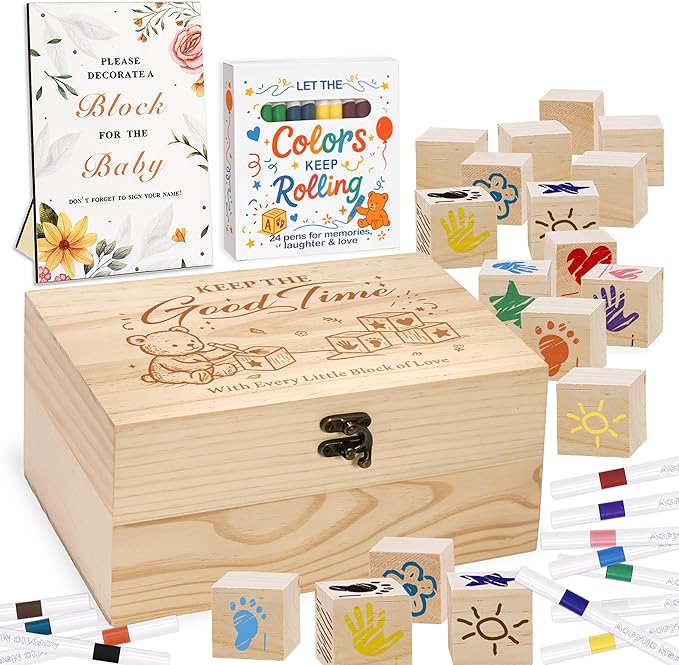 78 PCS Shower Games Sign Kit for Boys Girls, Wooden Box and Sign, Blank Wooden Blocks for DIY Drawing, Markers, Shower Game for Gender Reveal Activity, Shower Ideas Decorations, Bear C