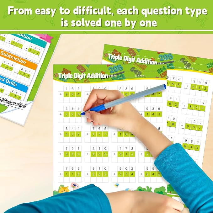 Addition and Subtraction Workbook Triple Digit Math Practice Worksheets for 2nd 3rd Grade, Addition&Subtraction Worksheets One Page A Day Math for Ages 6-9, Math Repetition Exercise Daily, 56 Pages