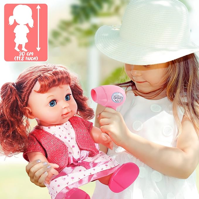 deAO 11 Inch Girl Doll with Hair and Accessories Baby Girl Dolls Toy Set Fashion Doll with Long Fine Hair and Dresses, Shoes, Comb & Hair Dryer Baby Girl Playset