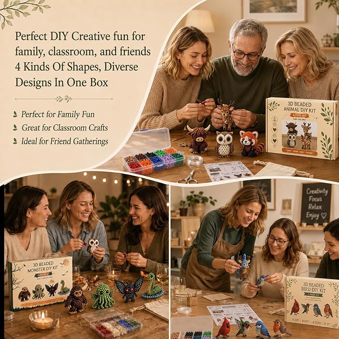 BLOWADM 4Pcs Tiny 3D Beaded Animal DIY Kit,Easy DIY Beading Embroidery Kit,3D Animal Themed Beadwork Kit for Beginners & Craft Enthusiasts, with Instructions
