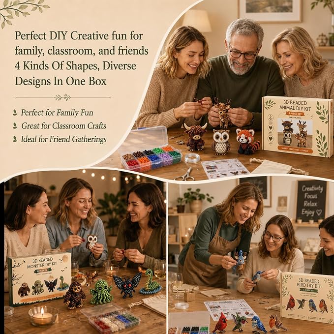 BLOWADM 4Pcs Tiny 3D Beaded Animal DIY Kit, Bead Embroidery Kit,3D Bead Animal Making Kit for Beginners,Cute Animals Beading Craft Set with Instructions