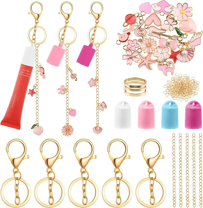Pengxiaomei 135 Pcs DIY Keychain Making Kit for Women, 4 Pcs Lip Gloss Keychains Cap for Summer Fridays Personalized Mothers Day Gifts Bag Charm Kit with Pink Ornaments Jewelry Accessory