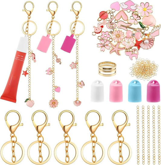 Pengxiaomei 135 Pcs DIY Keychain Making Kit for Women, 4 Pcs Lip Gloss Keychains Cap for Summer Fridays Personalized Mothers Day Gifts Bag Charm Kit with Pink Ornaments Jewelry Accessory