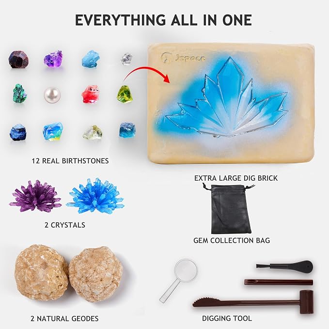 Japace Earth Science Kits for Kids Age 6-8-12-14, Birthstone Gemstone Dig Kit, Geology Kit with Break Your Own Geodes, Crystal Growing Experiment, Rock Mining Kit Birthday Gifts Toys for Boys Girls