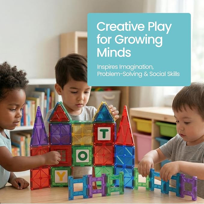 Playmags Magnetic Tiles for Kids 150-Piece Set, STEM Educational Building Blocks Toys for Kids, Includes Click-in ABC Learning Tiles, Gift for Boys & Girls, Add on Magnetic Figures, Car Set Available