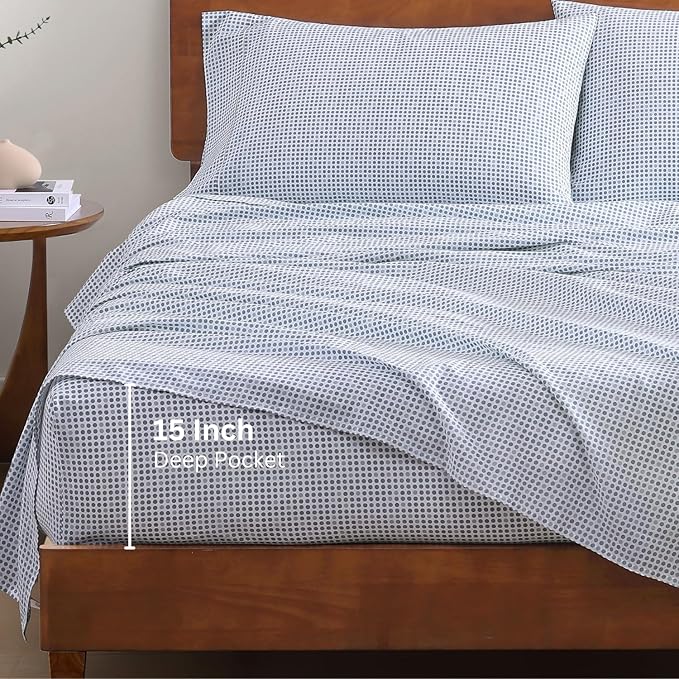 LANE LINEN Eco Friendly 100% Organic Cotton Queen Bed Sheets Set, Printed Modern Polka Dot Cotton Sheets, Soft & Comfy Low Pill Fade Resistance Fully Elasticized Queen Size Bed Set 15" deep Pockets | Queen Sheet Set, Pure Long-Staple Organic Cotton - F...