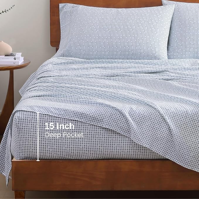 LANE LINEN 100% Organic Cotton Twin Sheets Set - 3 PC Bedding Sheets & Pillowcases - Breathable & Cooling Bed Sheets - Deep Pocket up to 15", Sheets for Twin Size Bed: Polka Dot (Blue) | Twin Sheet Set, GOTS Certified Organic Cotton Percale - Best-Valu...