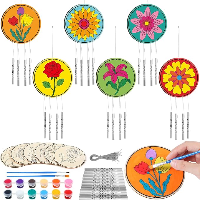 Silipull 24 Sets Summer Flower Wind Chimes Craft for Kids Back to School Color Your Own Windchime DIY Unfinished Wood Hanging Ornament Coloring Wind Chime for Kid Graduation Gift Party Supply