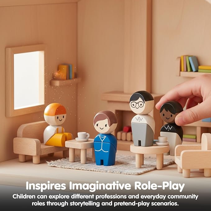 PlanToys® Wooden Dollhouse Tradesman Figure Set | 4 Poseable 1:12 Scale Dollhouse People | Montessori Career and Role Play Figurines | Eco Friendly Sustainable Wooden Toy