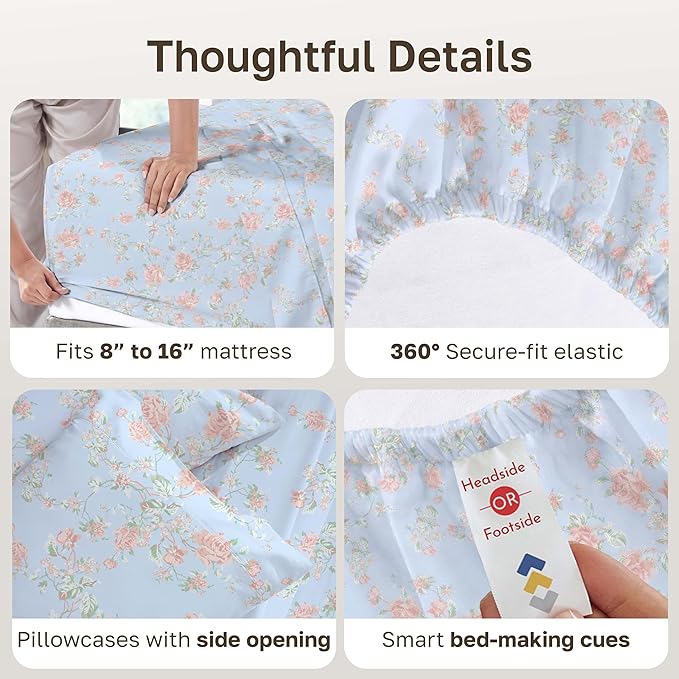 California Design Den Soft Cotton Bed Sheets Cal King Size Set, 400 TC Good Housekeeping Award Winner, Smooth Sateen Finish with Deep Pockets, Cozy and Durable Cotton Bedding Set - Floral Blue/Pink